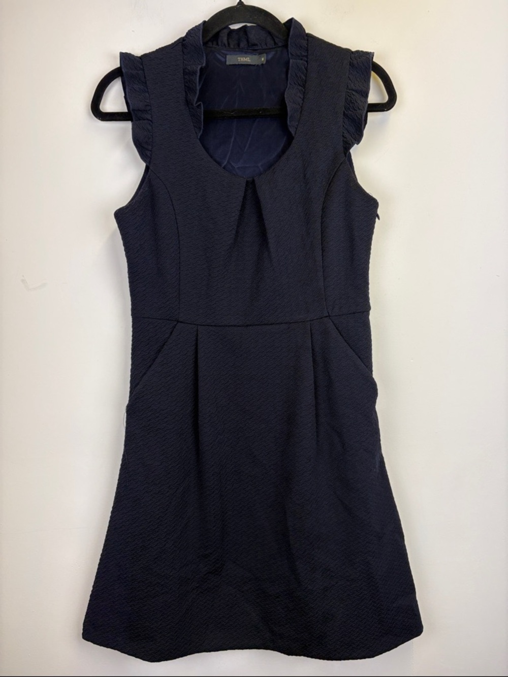 THML Navy Textured Dress Ruffle Shoulder Fit & Flare Sleeveless Size Medium